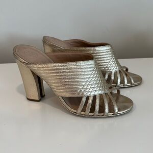 Tory Burch 'Brida' Quilted Metallic gold Open Toe Mule Pumps  Size 9.5